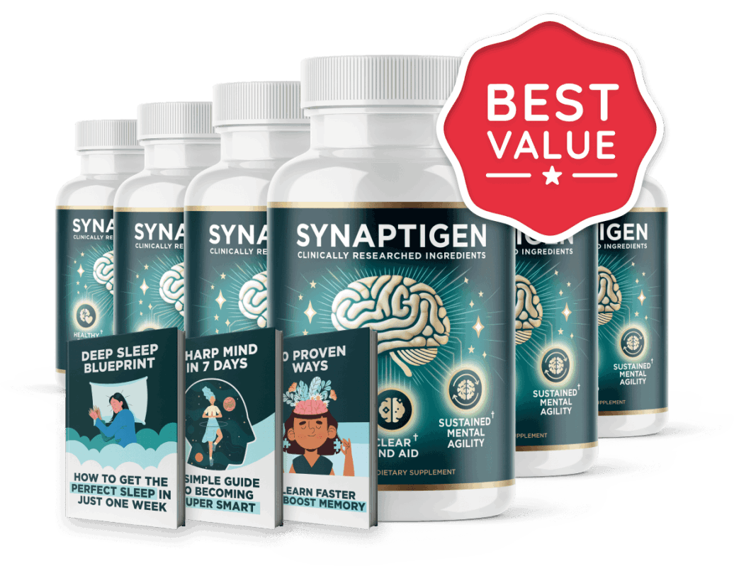 Synaptigen brain support supplement 6 bottle bundle package best value discount offer with 3 free bonus ebooks.