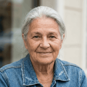 Synaptigen customer review profile photo of a smiling elderly woman with grey hair wearing a jacket.