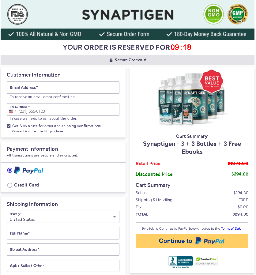 Synaptigen secure checkout page displaying customer billing forms, PayPal payment gateway, and a cart summary for the 6-bottle bundle deal with free shipping.