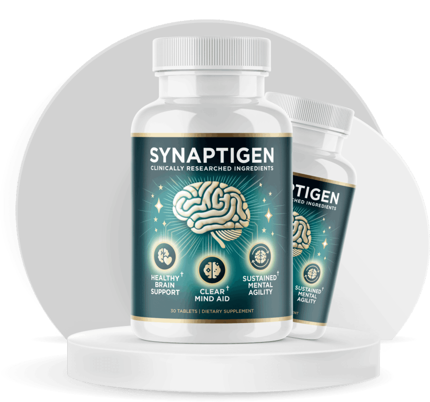 Synaptigen brain support supplement multi-pack option showing two white bottles on a clean pedestal display.
