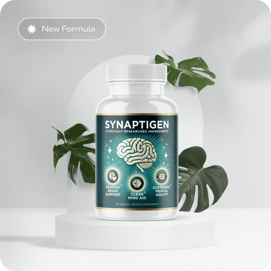 Synaptigen brain support supplement white bottle with a New Formula badge on a pedestal display.